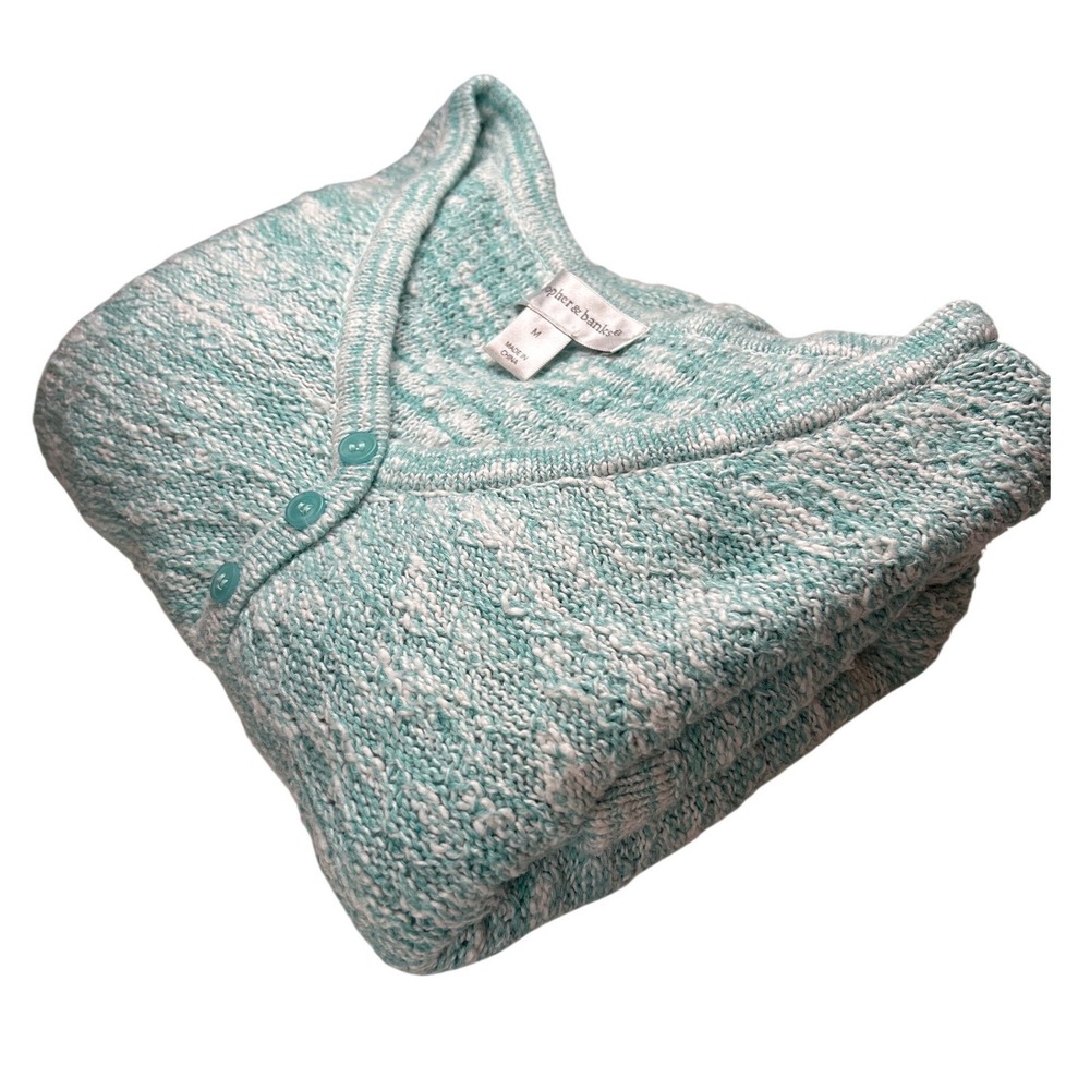 Womens Sweater Size M Aqua White Marled V Neck Buttons Knit Cozy 100% Cotton‎